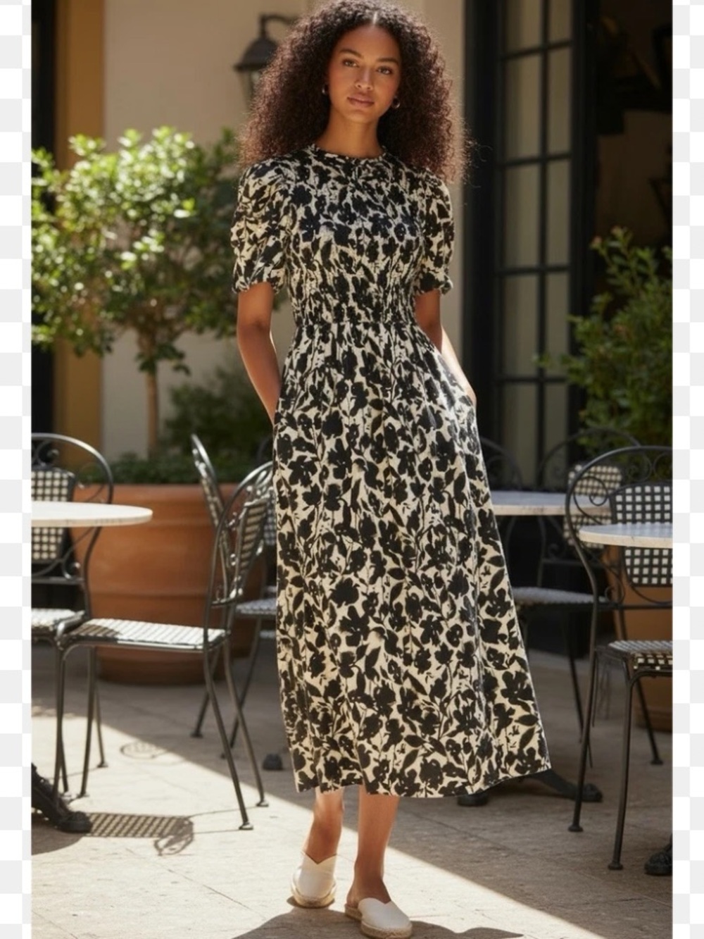 J Crew Meadow Midi Dress Cotton Floral Black Tan Smock Puff Sleeve Pockets LgT